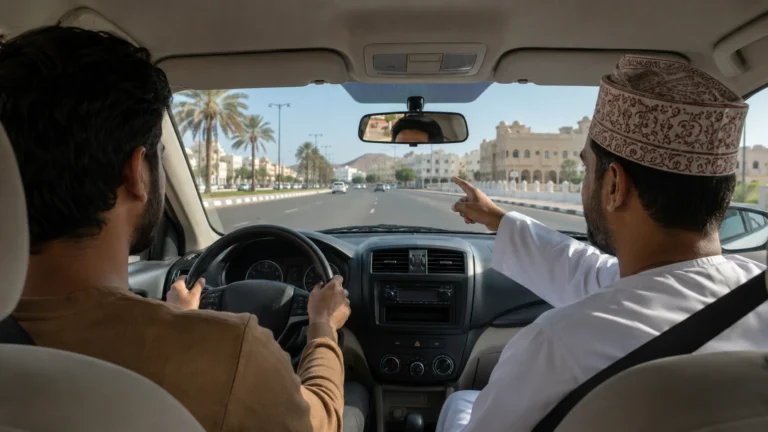 Resident learning to drive with an Omani driving instructor on a road in Muscat | مقيم يتعلم القيادة مع مدرب قيادة عُماني في أحد شوارع مسقط