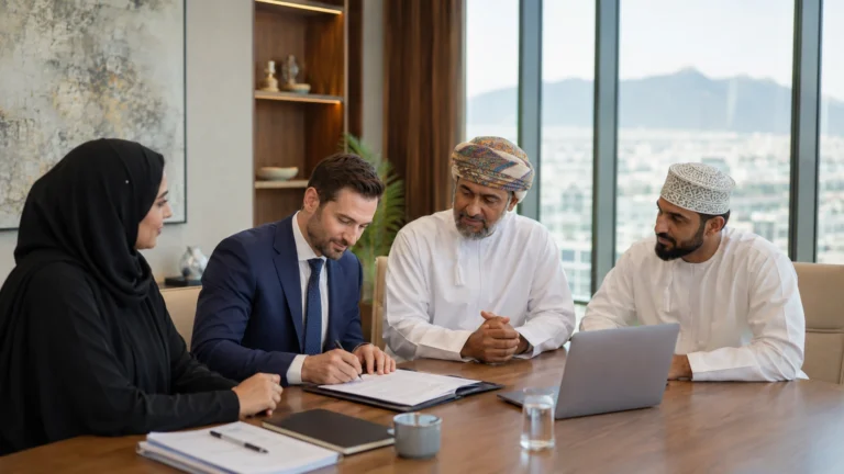 Foreign employee signing an employment contract with Omani company representatives | موظف أجنبي يوقع عقد عمل مع ممثلي شركة عُمانية