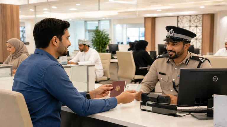 Resident presenting a passport and Resident Card to an Omani police officer | مقيم يقدم جواز السفر وبطاقة الإقامة إلى موظف من شرطة عُمان السلطانية