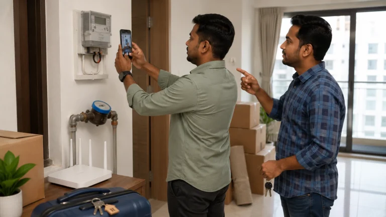Tenant and building watchman checking electricity and water meters in a rented apartment in Oman | مستأجر وحارس المبنى يفحصان عدادات الكهرباء والمياه في شقة مستأجرة في عُمان