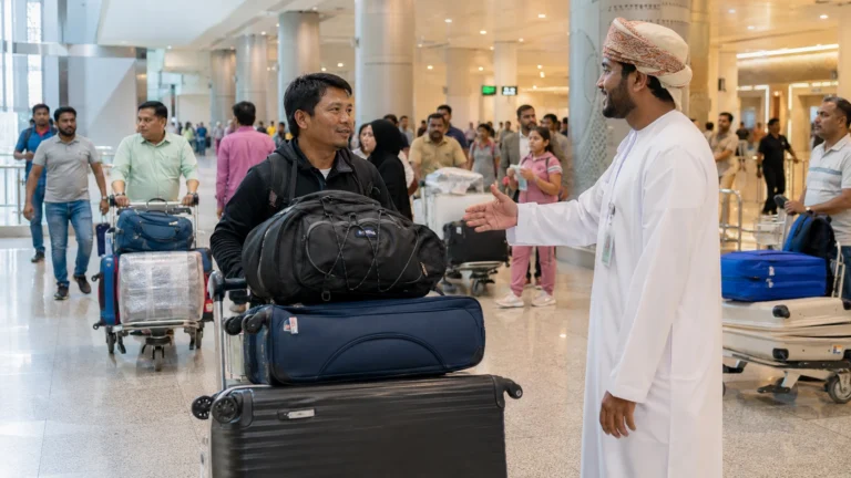 Foreign employee arriving in Oman and meeting an Omani company representative at the airport | موظف أجنبي يصل إلى عُمان ويلتقي ممثل الشركة العُمانية في المطار