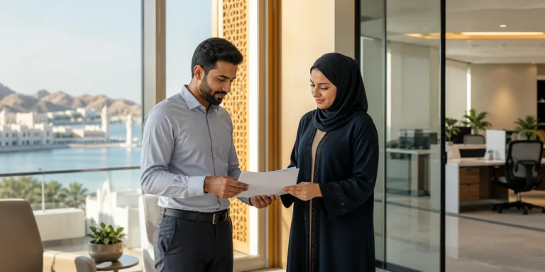 A worker and an HR professional reviewing employer transfer documents in Oman