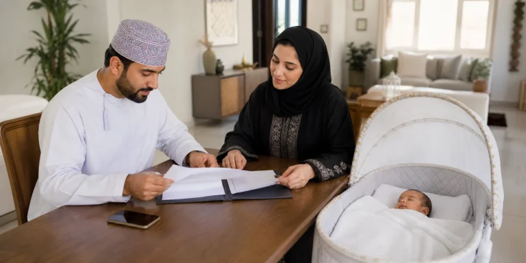 Parents preparing documents to register a newborn and obtain a birth certificate in Oman