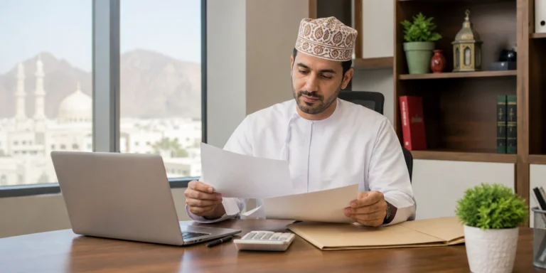 Employee reviewing an end-of-service settlement calculation in Oman