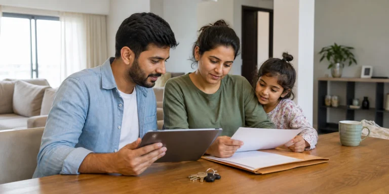 Family reviewing residency and visa application documents together at home in Oman