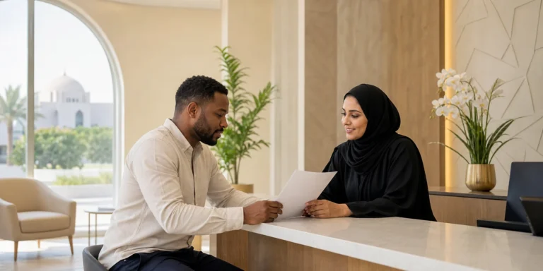 Expatriate employee reviewing health insurance information in Oman