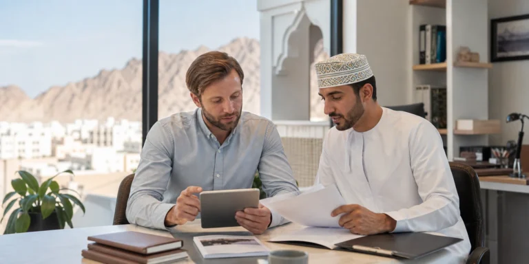 Foreign investor reviewing business investment documents in Oman