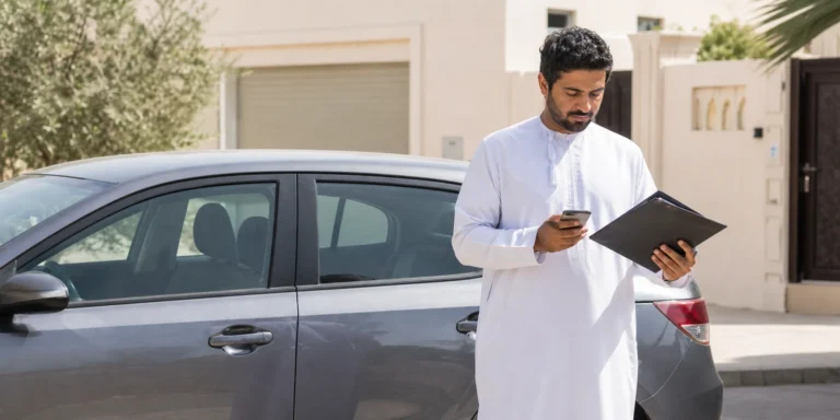 Vehicle owner reviewing motor insurance information beside a car in Oman