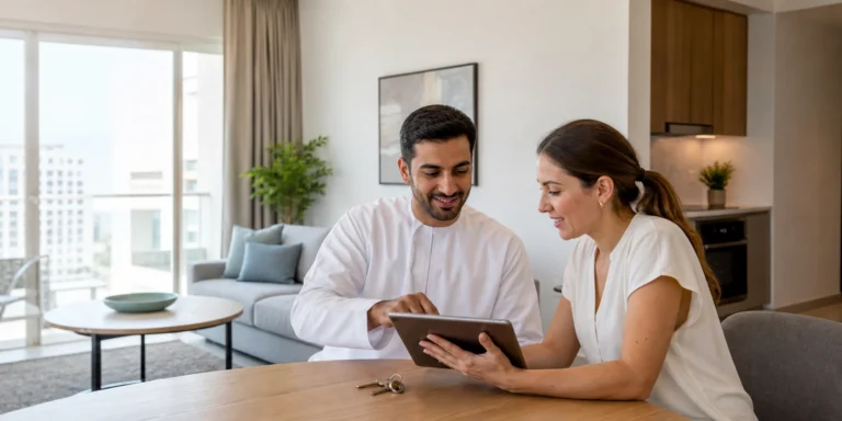 Tenant and property representative reviewing a lease during an apartment handover in Muscat, Oman