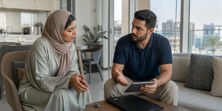 Tenant and property representative reviewing a rental dispute in Oman