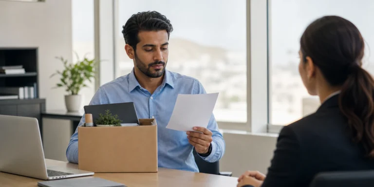 Employee reviewing resignation and notice information at a workplace in Oman