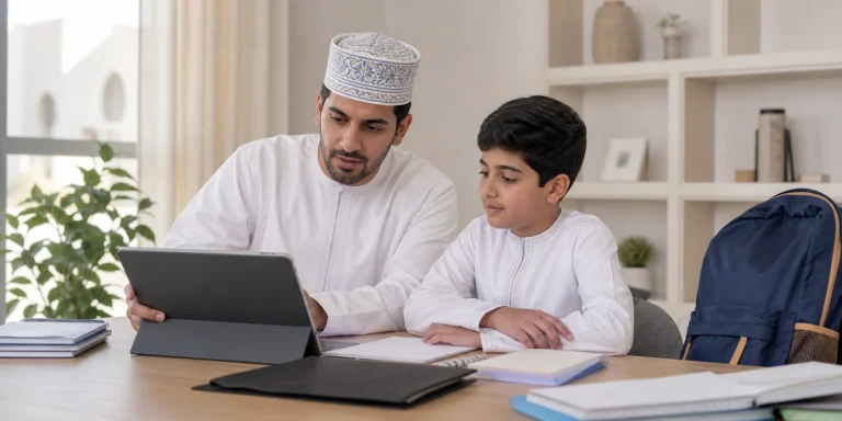 Parent and child preparing for school registration in Oman