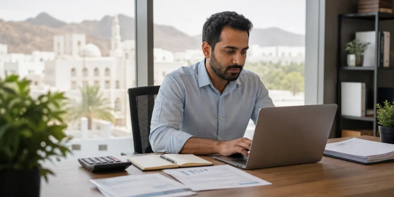 Business owner reviewing VAT registration information in Oman