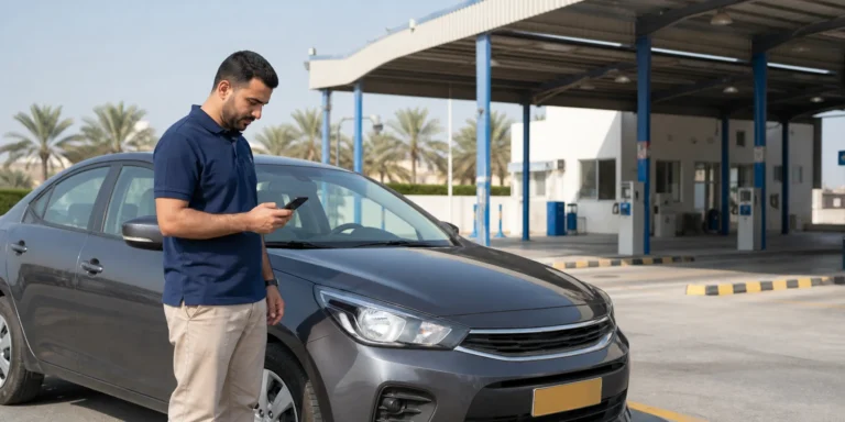 Vehicle owner preparing a car for technical inspection in Oman