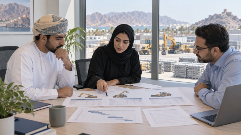 Procurement team comparing equipment and scaffolding rental quotes in Oman