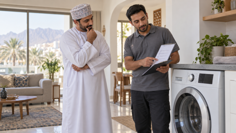 Customer comparing a written home-appliance repair estimate in Muscat