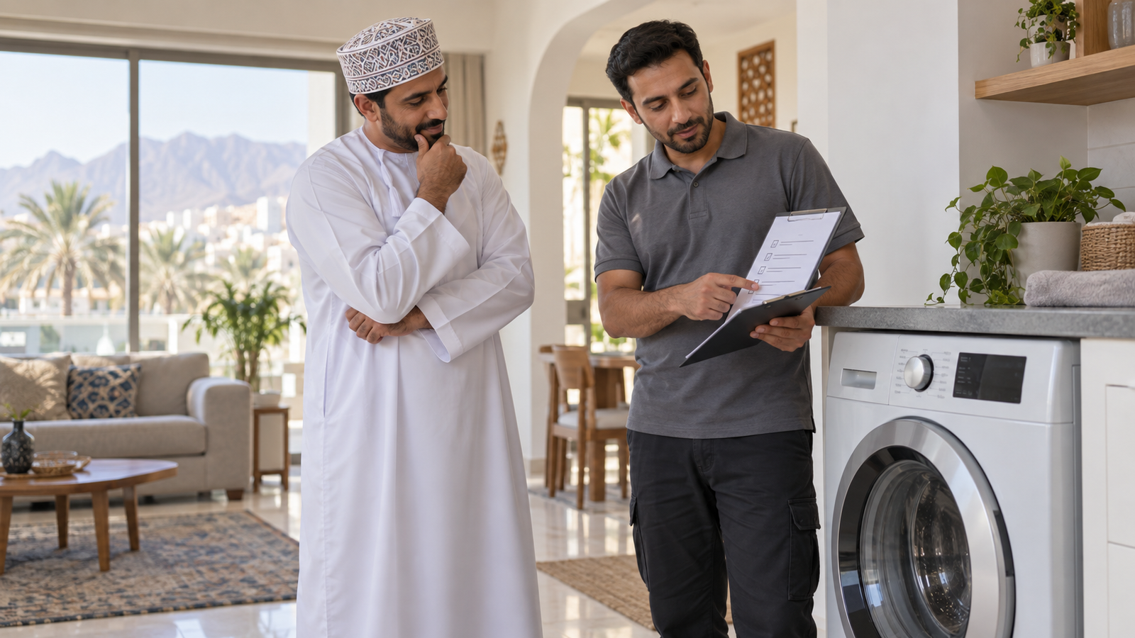 Customer comparing a written home-appliance repair estimate in Muscat