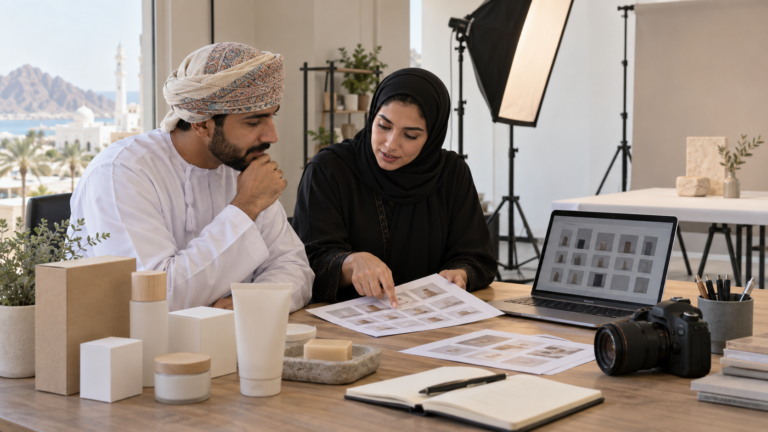 Business owner and photographer reviewing a product shot list and deliverables for a commercial shoot in Muscat