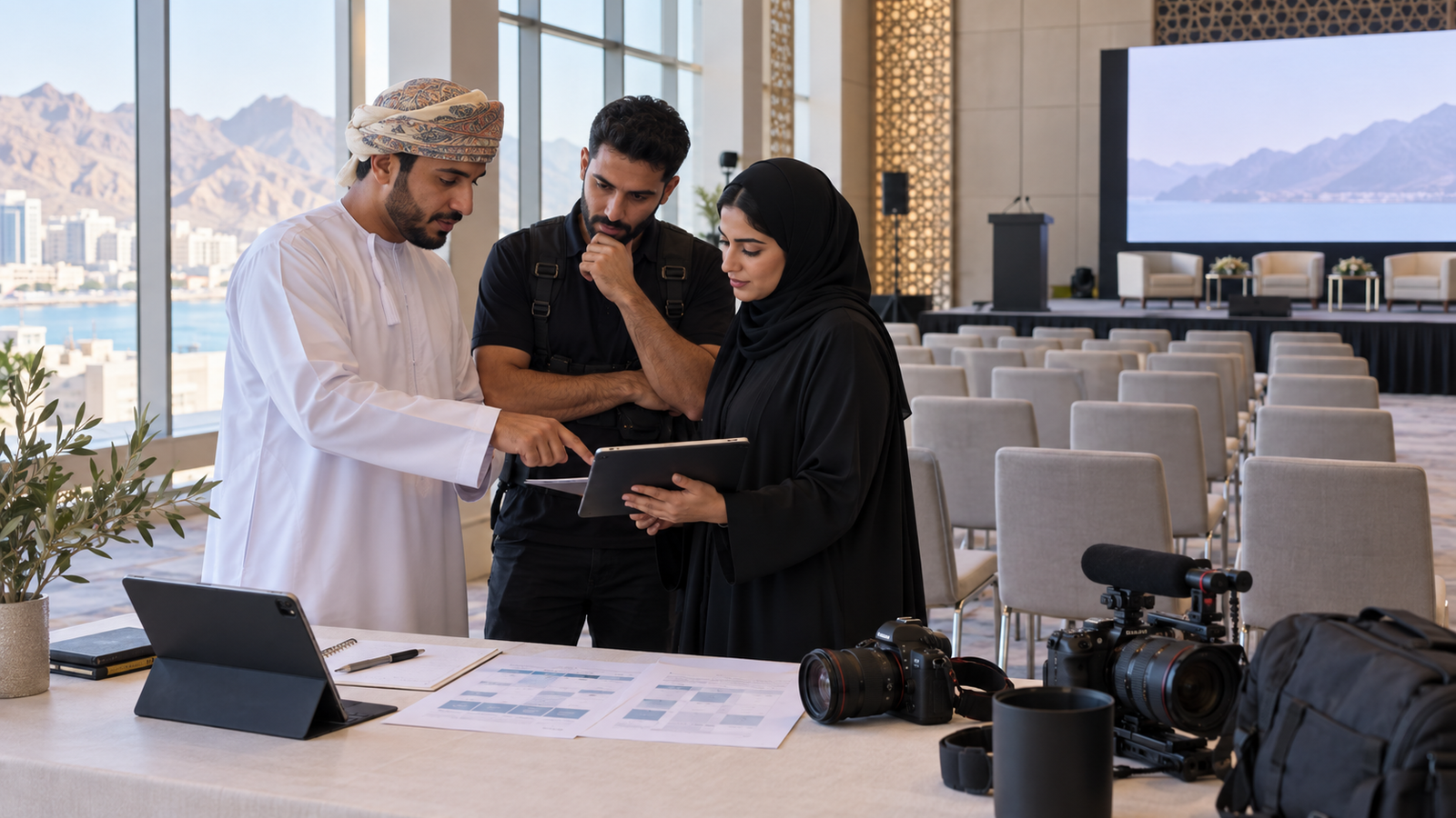 Organizer reviewing an event photo and video coverage plan with a team in Muscat