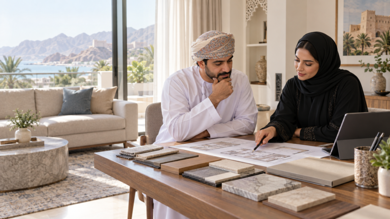 Homeowner and interior designer comparing plans, material samples and a residential design proposal in Muscat