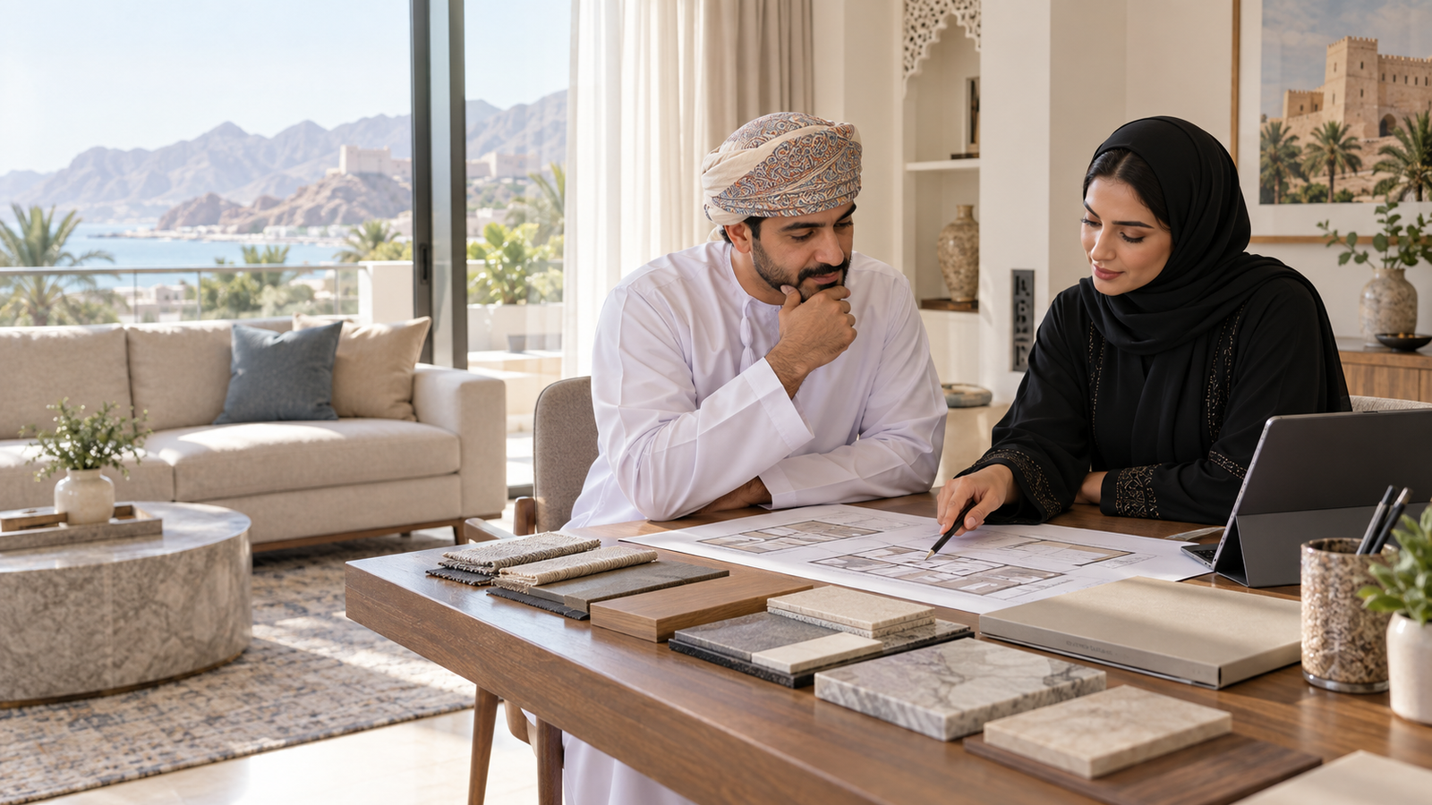 Homeowner and interior designer comparing plans, material samples and a residential design proposal in Muscat