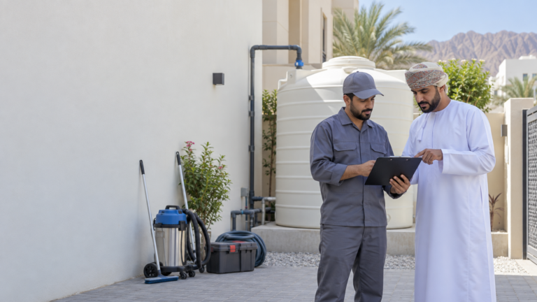 Property owner reviewing a water-tank cleaning quotation checklist with a service representative in Muscat