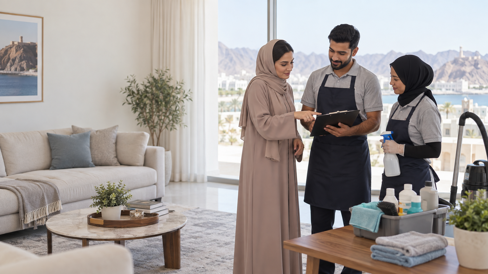 Resident reviewing a home-cleaning checklist with a cleaning team in Muscat