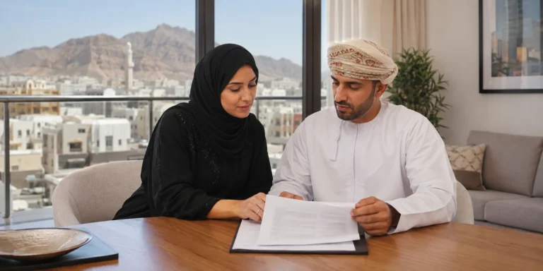 Tenant and landlord reviewing a lease document in Muscat