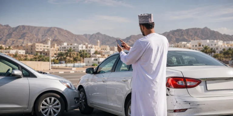 Driver photographing car damage after an accident in Oman