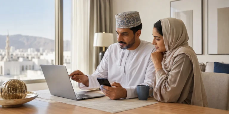 Family reviewing residency renewal information in Oman