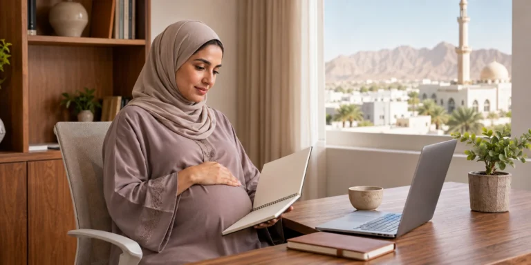 Professional woman preparing for maternity leave in Oman