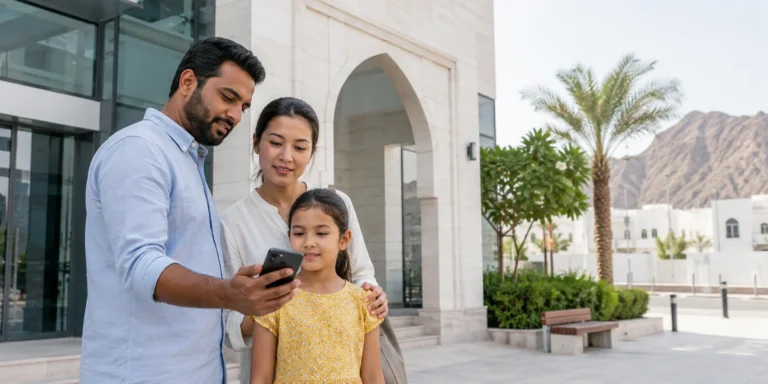 Expatriate family checking directions outside a health centre in Oman
