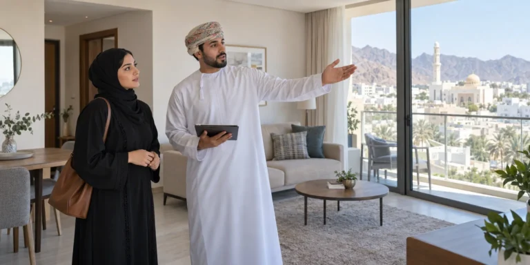 Prospective tenant meeting a real estate agent in a Muscat apartment