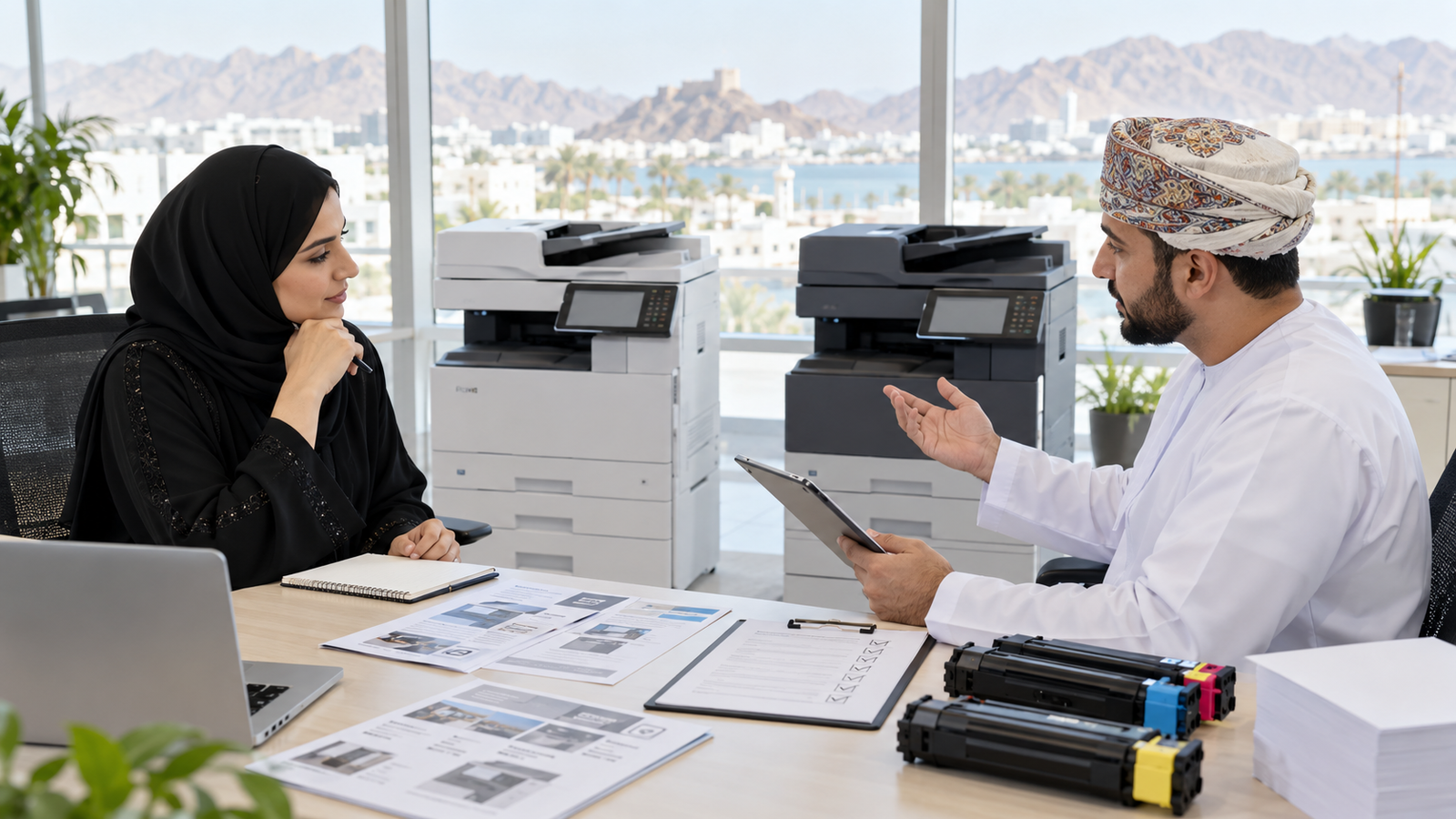 Muscat office manager comparing multifunction printer rental contracts