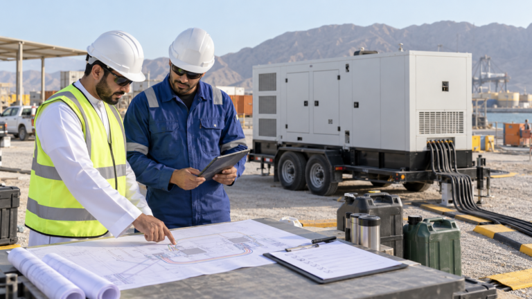 Oman site manager reviewing a mobile generator rental and cable plan