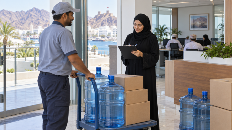 Office manager checking a bottled-water delivery in Muscat