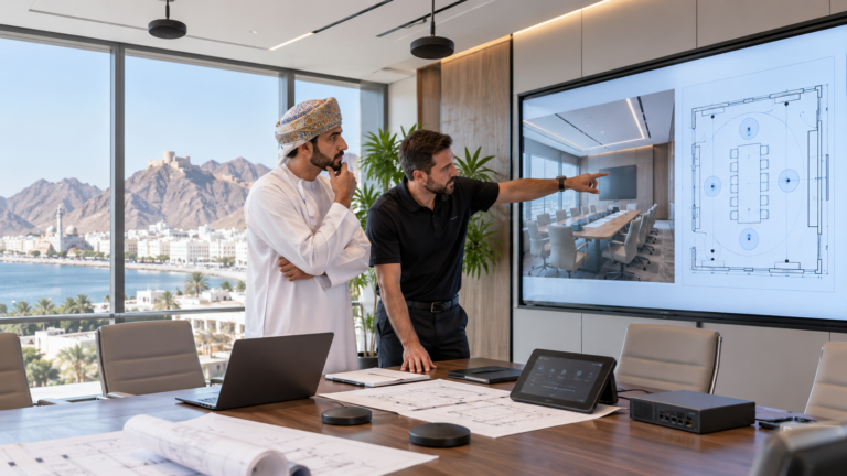 Facilities manager reviewing a meeting-room audiovisual plan in Muscat