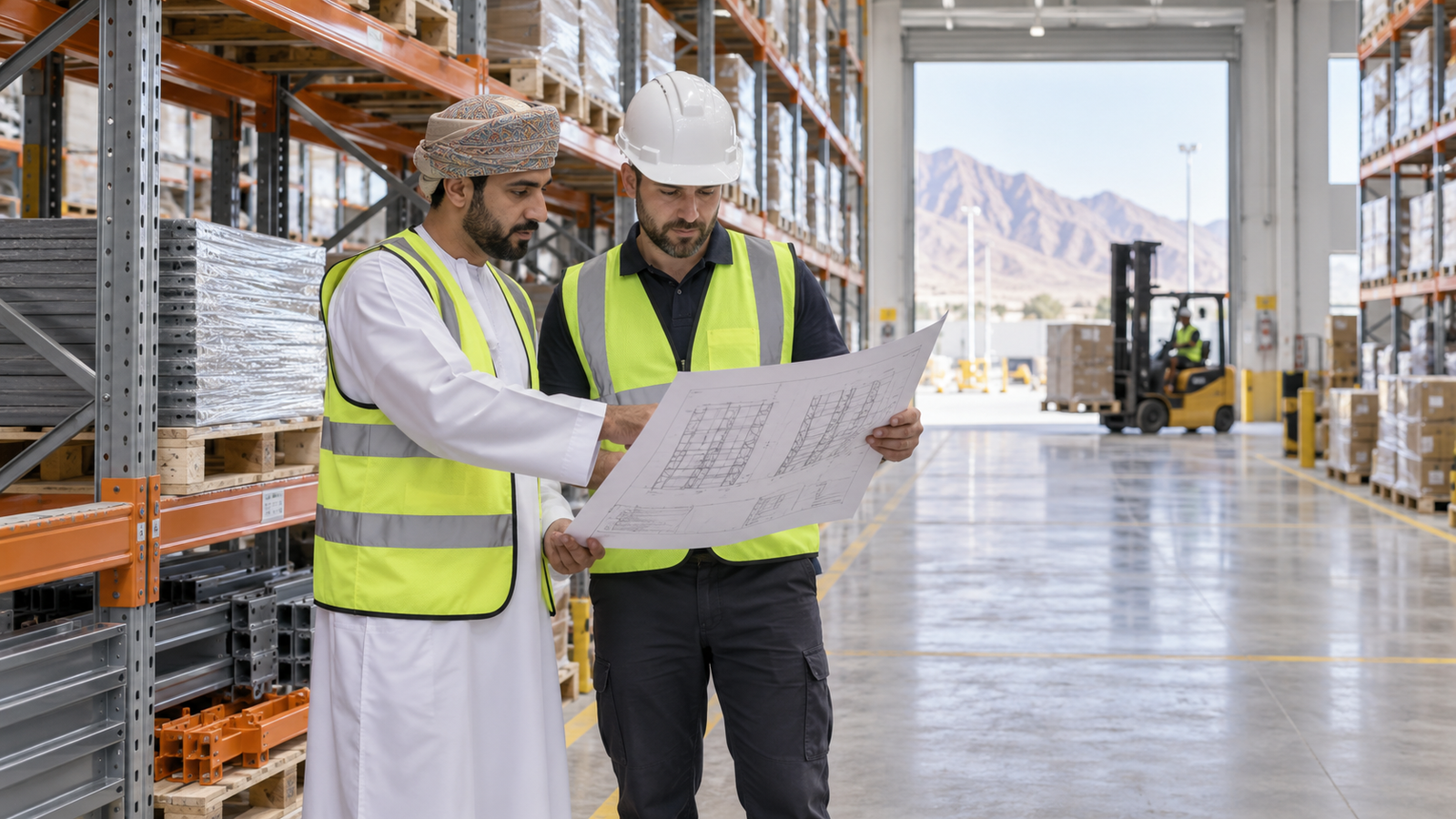Warehouse manager and racking specialist reviewing a pallet-rack layout in Oman