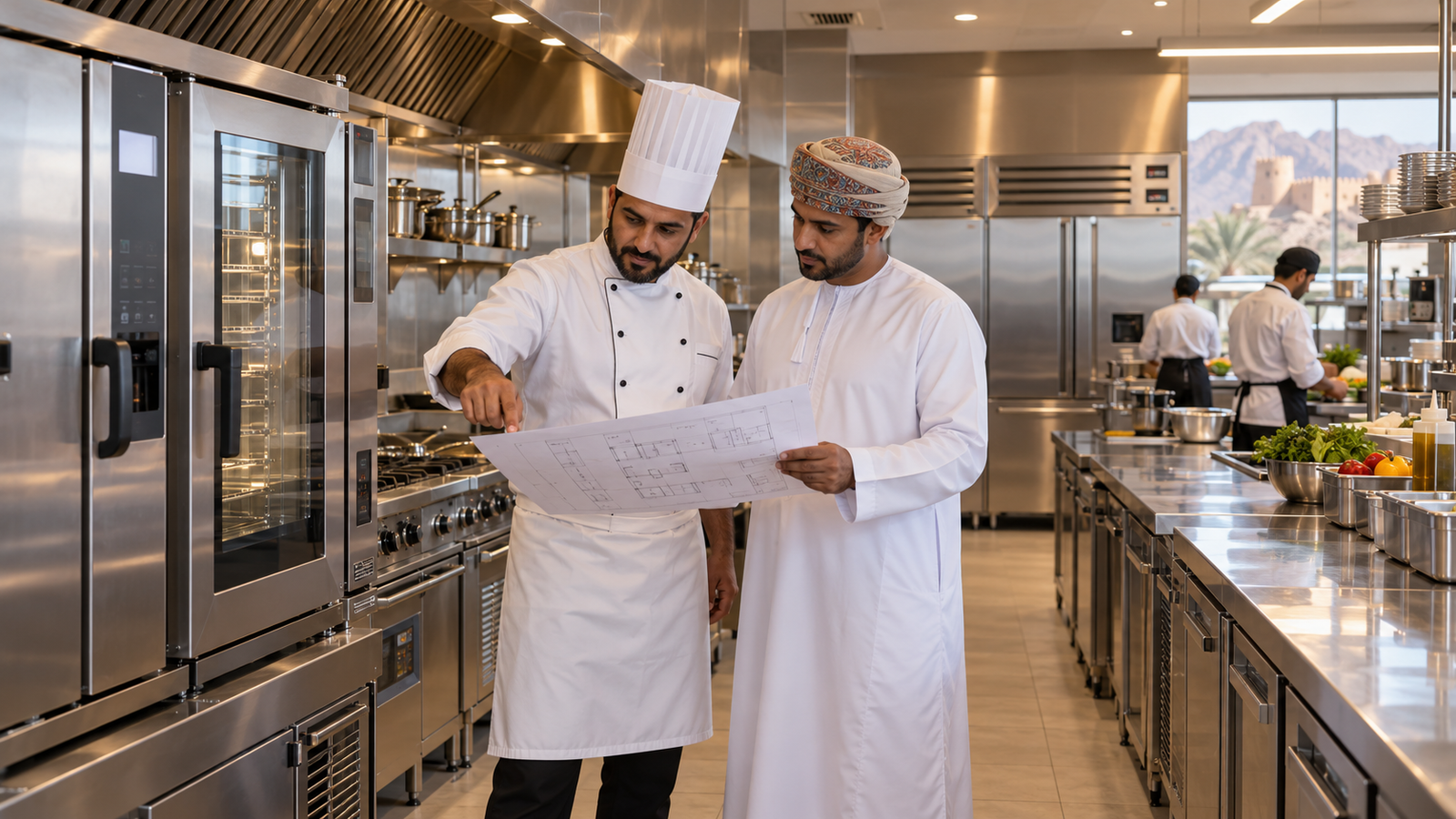 Chef and project manager reviewing a commercial-kitchen equipment layout in Oman