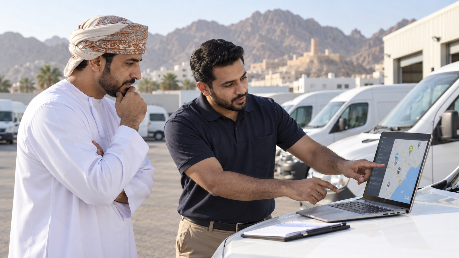 Fleet manager comparing GPS vehicle-tracking options beside commercial vans in Oman