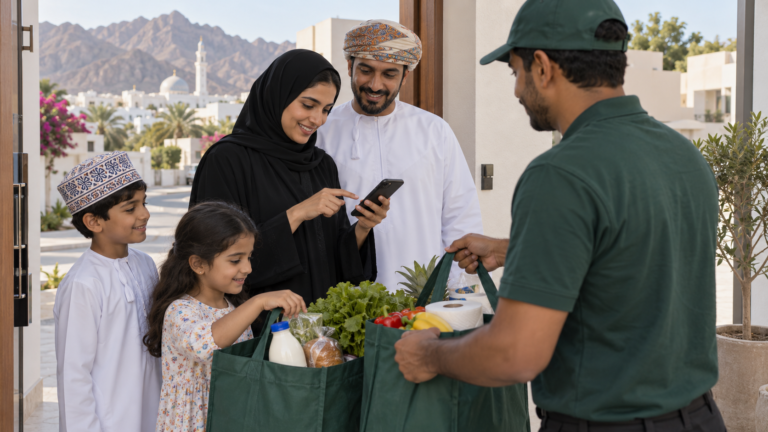 Family checking an online grocery delivery at their home in Muscat