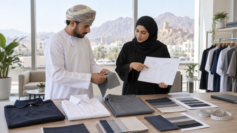 Procurement team comparing uniform samples, sizes and logo proofs with a supplier in Oman