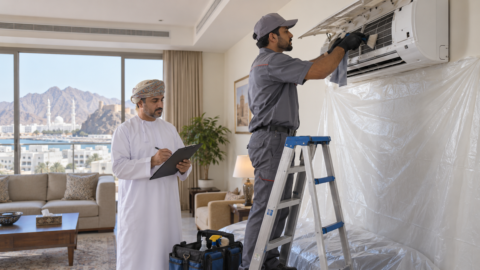 Technician cleaning a split air conditioner while a customer checks the service list in Muscat