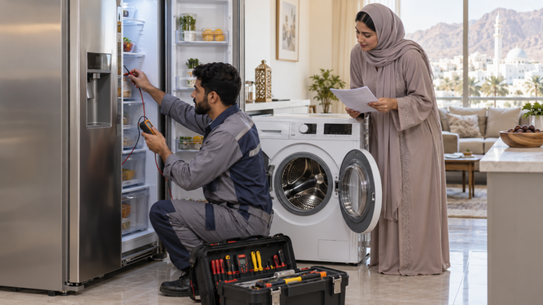 Technician diagnosing a refrigerator while the customer reviews a repair estimate in Muscat
