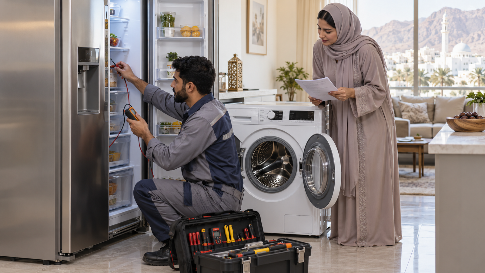 Technician diagnosing a refrigerator while the customer reviews a repair estimate in Muscat