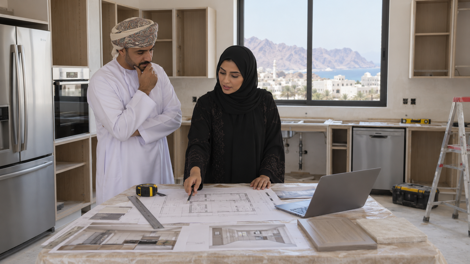 Homeowner and kitchen planner reviewing measurements and cabinet samples in Oman