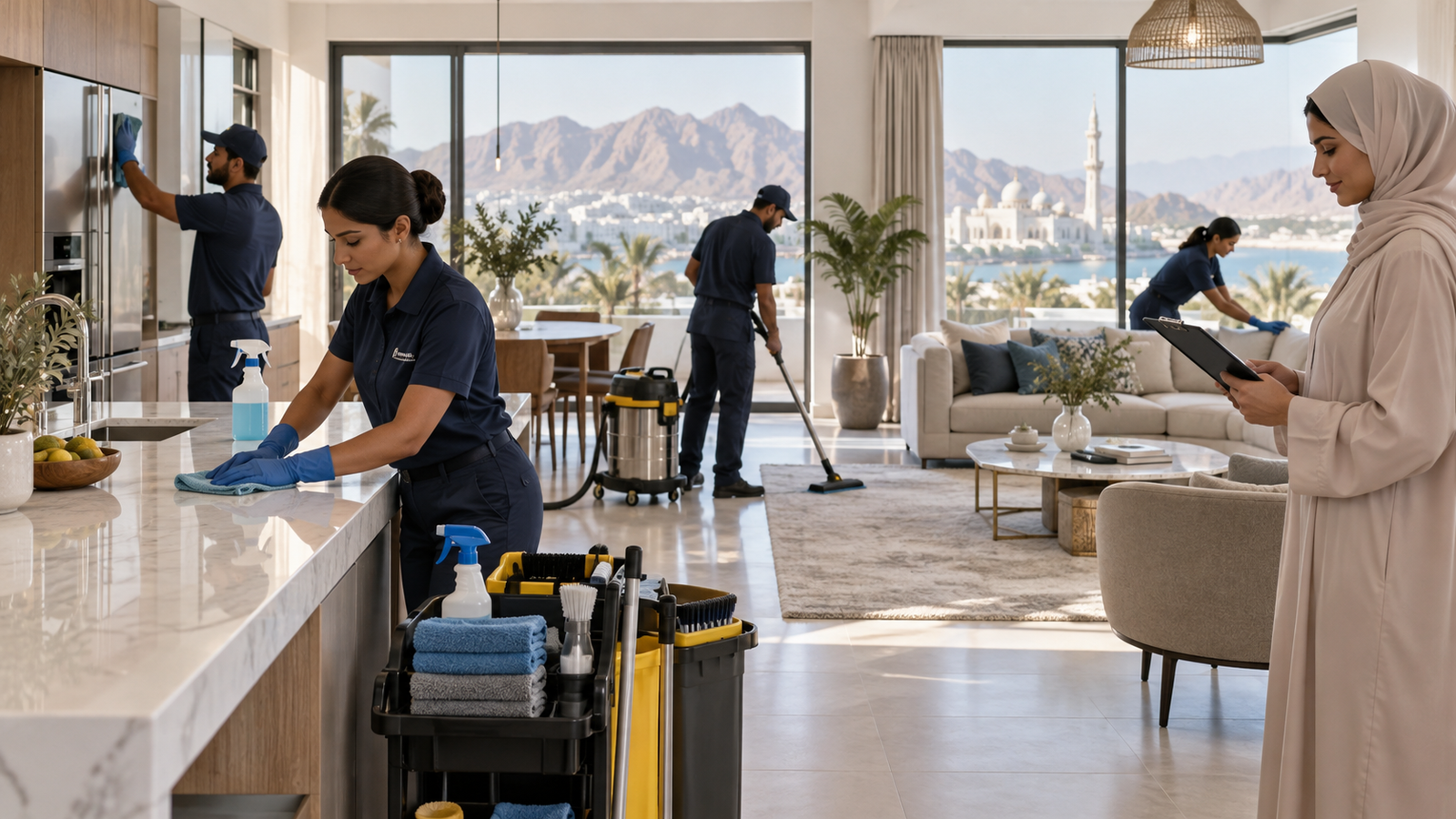 Professional cleaning team completing a deep clean in a Muscat home