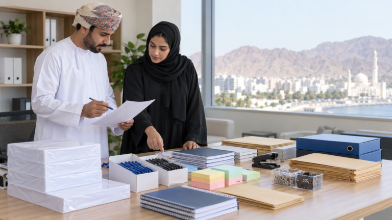 Office procurement team comparing stationery pack sizes and recurring supply quotes in Oman