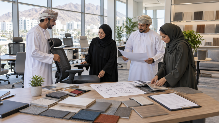 Oman office team comparing furniture samples, floor plan and quotation