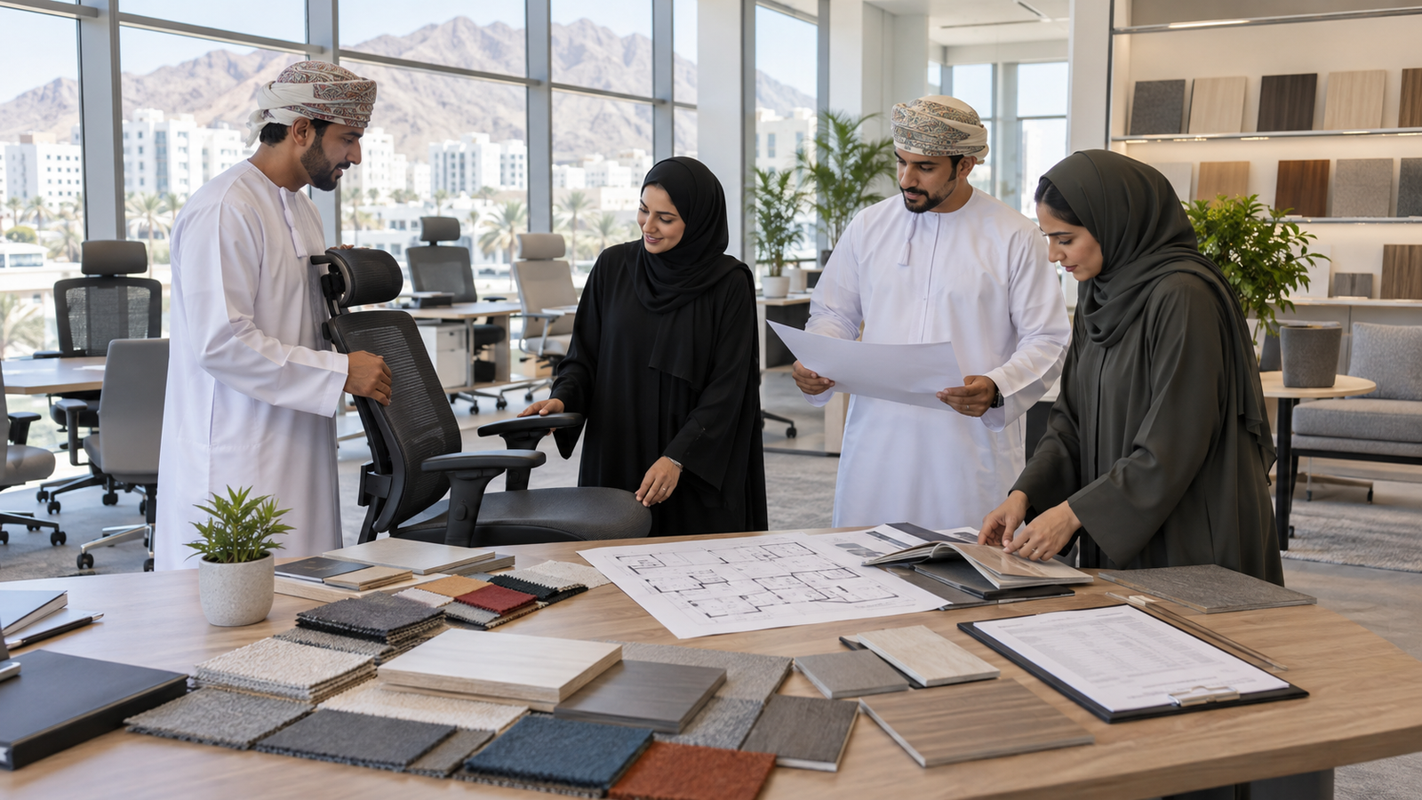 Oman office team comparing furniture samples, floor plan and quotation